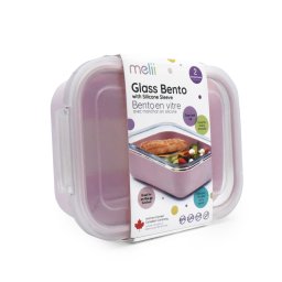 Recipient bento din sticla 740 ml cu husa din silicon, 2 compartimente, roz