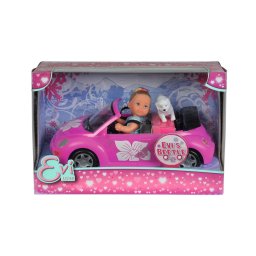 Papusa Evi Love cu masina Beetle si catel, set de joaca 12 cm