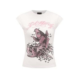 Ed Hardy Tricou 'Koi Fisch Steinen' roz / negru / alb