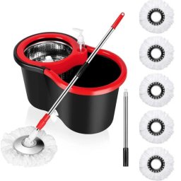 Set mop rotativ si galeata cu sistem de stoarcere maner reglabil din otel Inoxidabil cu 5 rezerve