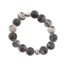 Inel pe elastic cu jasp gri si argint 925, sfere 3-4mm