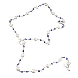 Colier reglabil cu Lapis Lazuli, Perle albe si metal argintiu, 5-6mm