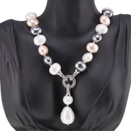 Colier Perle de Mallorca ovale gri, crem si albe cu pandantiv, 15mm