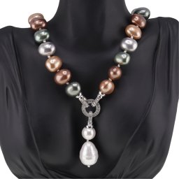 Colier Perle de Mallorca ovale maro, verde si gri cu pandantiv, 15mm