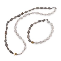 Set colier si bratara Piatra lunii si Labradorit neuniform 7-10mm, Labradorit sfere 3mm si steluta din Hematit auriu