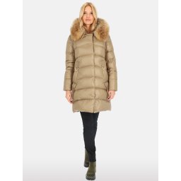 PERSO Woman's Women's long quilted jacket with natural raccoon fur,tobacco color