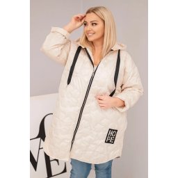 Kesi Włoski Plus Size women's quilted jacket with a hood and the inscription HOPE light beige
