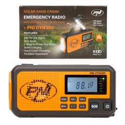 Radio portabil PNI-DYN300, cu dinam, incarcare solara, lanterna, powerbank 4000 mAh, SOS, IPX3, orange, kit Blackout