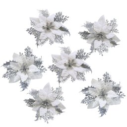 Decorațiuni de Crăciun Poinsettia cu cleșteargintiu, set de 6 bucăți