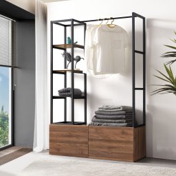 Garderoba Egmating cu bara de haine, 2 sertare si rafturi, nuca/negru