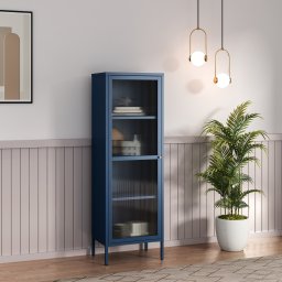 Vitrina living din otel cu sticla striata, albastru navy, 150x50x35 cm