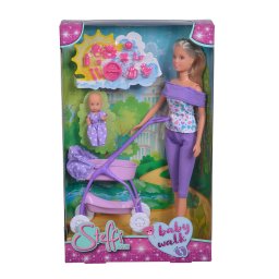 Papusa Steffi cu bebelus, carucior si accesorii, pantaloni mov, 29 cm