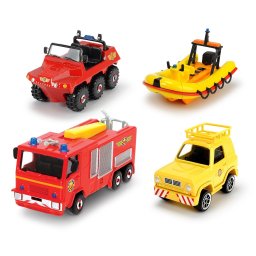 Set 4 vehicule din metal Pompierul Sam cu barca, scara 1:64