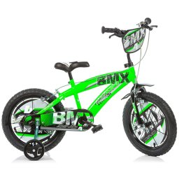 Bicicleta BMX pentru copii Dino Bikes 14 inch, verde, cu roti ajutatoare