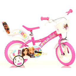 Bicicleta pentru copii Barbie Dino Bikes 12 inch, roz, cu roti ajutatoare