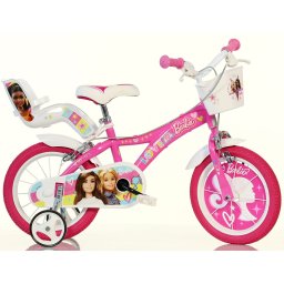 Bicicleta pentru copii Barbie Dino Bikes 14 inch, roz, cu roti ajutatoare