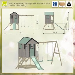 Casuta de gradina pastel green adventure cottage house cu platforma, tobogan si leagan dublu (m60pgn), wendi toys
