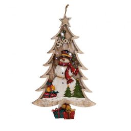 Decoratiune brad de Craciun din lemn cu LED alb rece, pentru geam sau usa, 55 cm