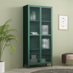 Vitrina living din metal verde cu sticla striata, 180x80x35 cm