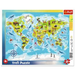 Puzzle educativ copii Harta Lumii cu animale, 25 piese, Trefl