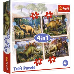 Puzzle Trefl 4 in 1 cu dinozauri interesanti, 35-70 piese, 4+ ani