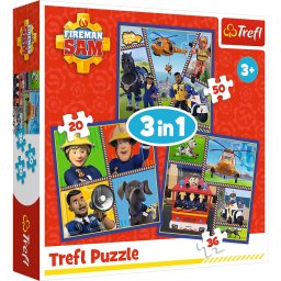 Puzzle Trefl 3 în 1 Pompierul Sam - O zi din viata pompierilor