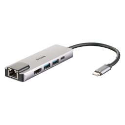 HUB extern D-LINK, porturi Gigabit LAN x 1, USB 3.0 x 2, HDMI x 1, USB Type C x 1, conectare prin USB Type C, cablu 17 cm, argintiu "DUB-M520" (timbru verde 0.8 lei)