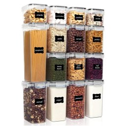 Cutii de depozitare alimente, Flippy, Set din 15 Cutii pentru Condimente, Cereale, Cutii pentru Bucatarie, din Plastic PP, Cutii Alimentare, Diferite Dimensiuni, Transparente