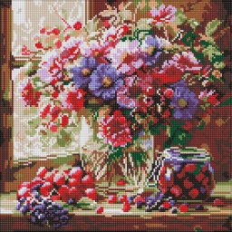 Set goblen cu diamante, cu sasiu, Buchet si fructe, 40x40 cm