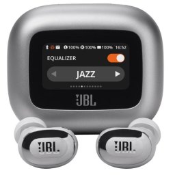 Casti In-Ear JBL Live Buds 3, True Wireless, Bluetooth, Ecran Touchscreen 1.45", ANC, 6 Microfoane, Personi-fi 3.0, IP55, Argintiu