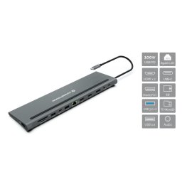 Docking Station Conceptronic DONN17G, 12 porturi, 100W USB PD, HDMI x 2, DisplayPort, GbE, USB-A 3.0 x 2, USB-A 2.0, USB-C 5Gbps, SD, TF/MicroSD, Audio, Gri