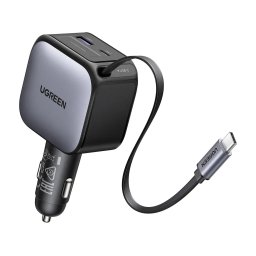 Incarcator auto Ugreen 60W, cu cablu retractabil USB-C, 1x USB-C, 1x USB-A, Gri