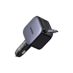 Incarcator auto Ugreen 90W, 1xUSB-C, 1xUSB-A, cu cablu USB-C incorporat, Negru
