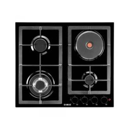 Plita incorporabila mixta SAMUS PSGE-63SB1, 3 arzatoare gaz + 1 electric, aprindere electrica, gratar fonta, negru