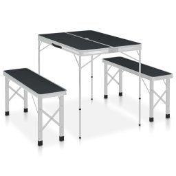 Gossi masa de camping pliabila cu 2 banci, gri, aluminiu