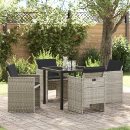 Set masa gradina Gossi cu perne gri deschis din ratan poliester, masa gradina Gossi neagra 80x80x73 cm din sticla securizata
