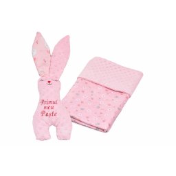 Pachet cadou Iepuras Paste si paturica model floricele si plus roz pal