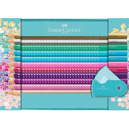 Faber-Castell Sparkle colored pencils gift set, metal case turquoise, 21 pieces (incl. 1 sleeve mini sharpener)