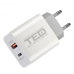 Alimentator (Incarcator) de la retea (230V) la 2 x USB Fast Charge : USB-A 3.0 + USB Type-C PD 18w black TED600403