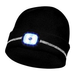 700006, Caciula neagra cu banda reflectorizanta si LED, 4 niveluri de luminozitate, 60 de minute de functionare, LED detasabil si reincarcabil prin USB