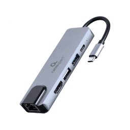 Docking Station USB-C 5 in 1 A-CM-COMBO5-04 - USB-C, USB-A, HDMI, RJ-45 Gigabit LAN, PD 87 W, Argintiu - Compatibil Universal (Windows/Mac/Chrome OS)