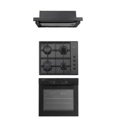 Cuptor Electric, plita gaz si hota telescopica Wind Iseo Black Studio Casa, 56 l, Clasa energetica A, 6 functii, 4 arzatoare gaz, Negru