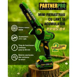 Mini Fierăstrău cu Lanț și Acumulator PPBS-84 PARTNERPRO, Brushless, 21V / 4Ah, Indicator sarcină