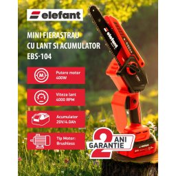 Mini fierăstrău cu lanț și acumulator ELEFANT EBS-104, 20V / 4Ah, Brushless