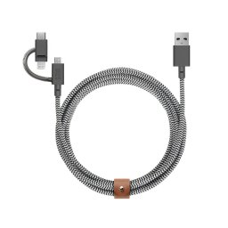 Cablu universal Native Union Belt USB-A la USB-C, Micro USB si Lightning, 2m, zebra