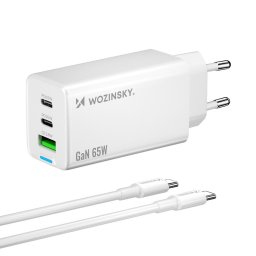 Incarcator retea Wozinsky WDCCBC, 2x USB-C, 1x USB-A, GaN 65W, Cablu USB-C 1m inclus, Alb