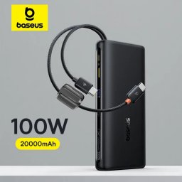Baterie externa EnerFill FC41, display, cablu integrat retractabil 2 x USB Type-C, capacitate 20000mAh 100W, negru