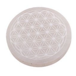 Selenit rotund gravat cu Floarea Vietii - 10cm