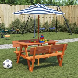 Masa de picnic pentru 4 copii, cu umbrela, lemn masiv brad GartenMobel Dekor