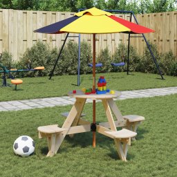 Masa picnic pentru 4 copii cu umbrela, rotunda, lemn masiv brad GartenMobel Dekor